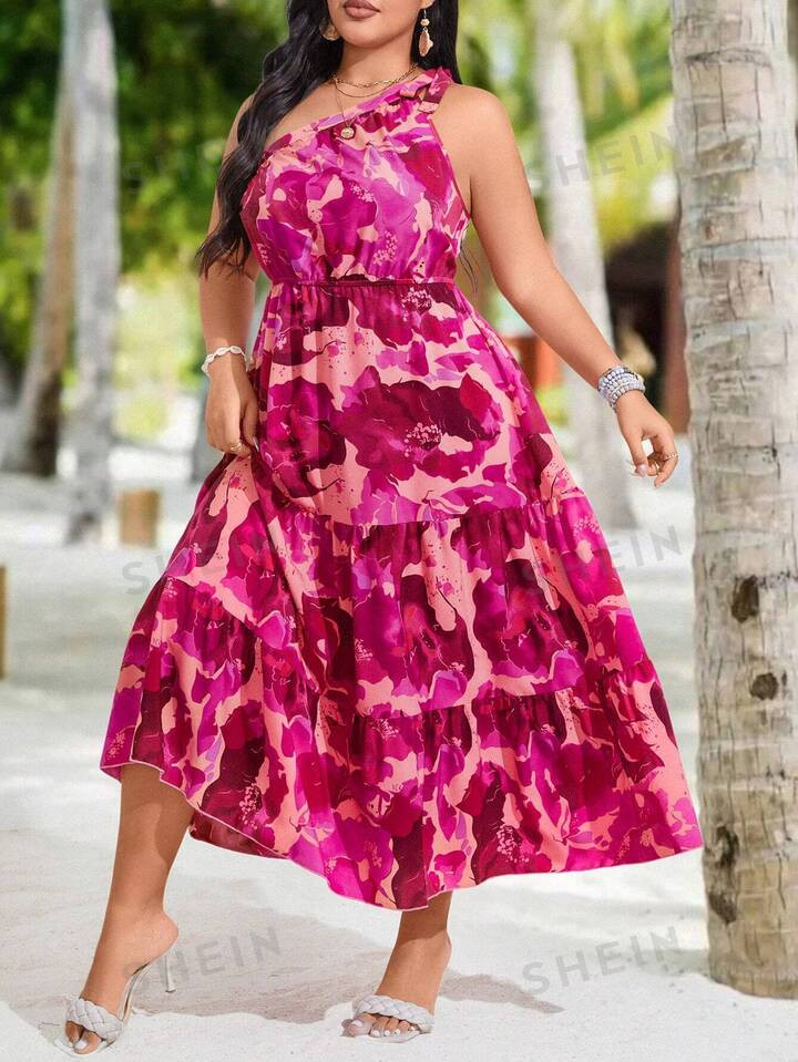 SHEIN VCAY Women Elegant Plus Size Off-Shoulder Dress With Random Print Pattern | SHEIN