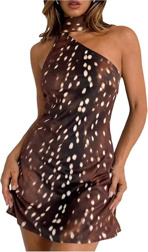 MakeMeChic Women's Animal Print Halter Mini Dress | Amazon (US)