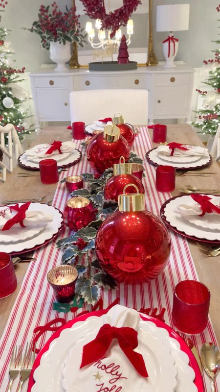Christmas tablescape, ornaments, stripe table runner, Christmas napkin rings, votives, wreath, Christmas sign, Christmas tree, dining roomm

#LTKhome #LTKHoliday #LTKCyberWeek