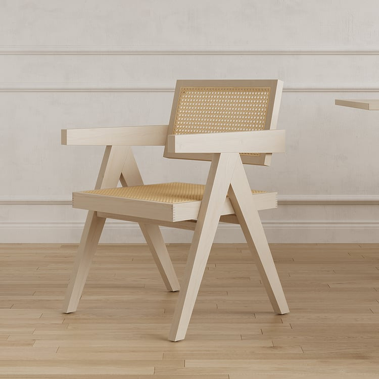 Archic Set of 2 Japandi Bleached Wood Rattan Dining Chair with Solid Wood Frame | Homary