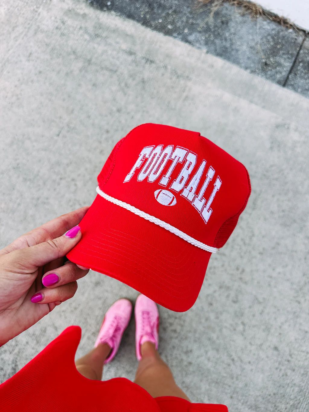 red embroidered football trucker hat | Etta & East