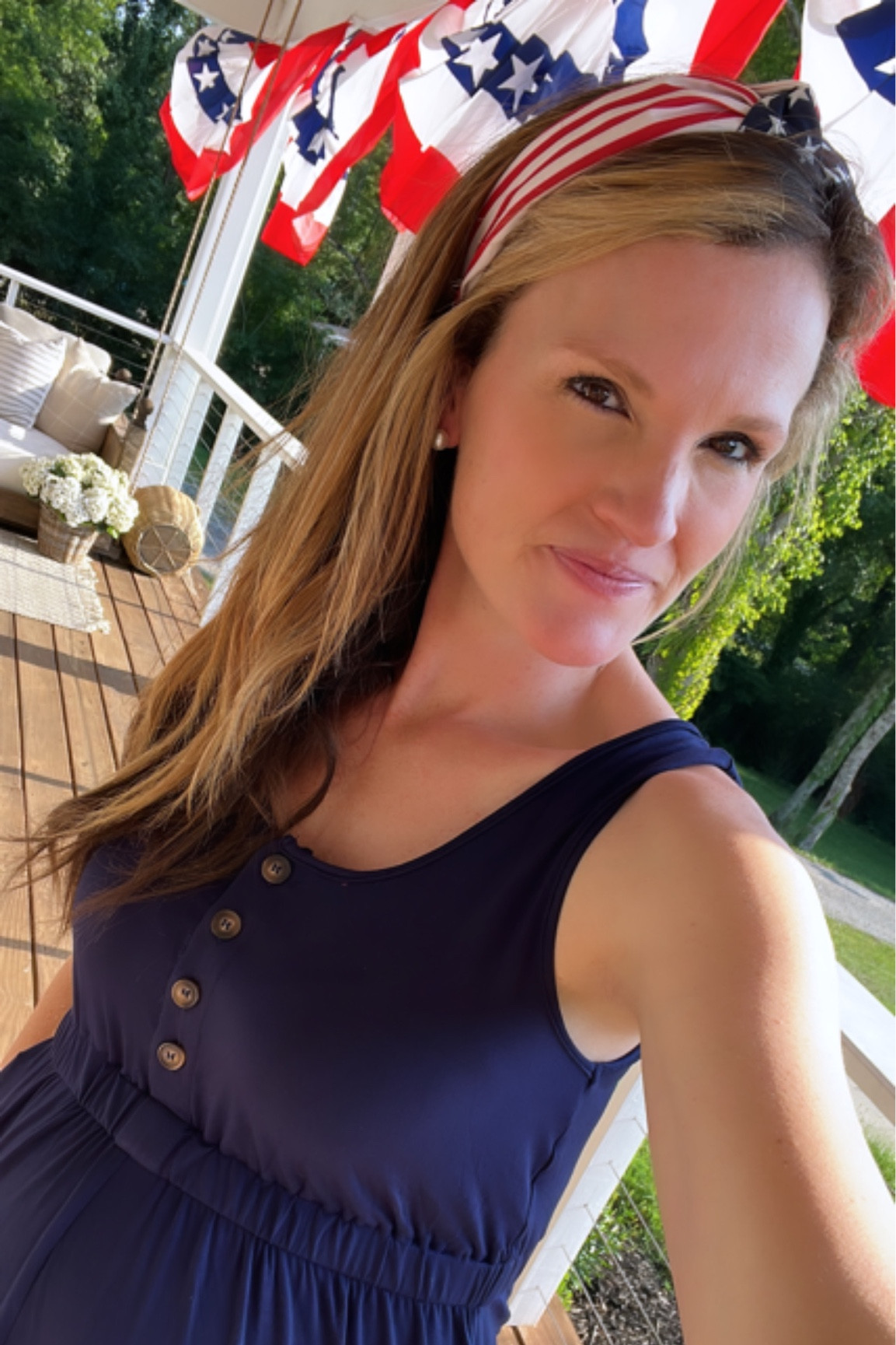 Happy 4th of July! Ootd outfit of the day summer fashion maternity romper jumpsuit headband flag bunting front porch vibes Amazon fashion finds and faves 

#LTKFind #LTKbump #LTKstyletip