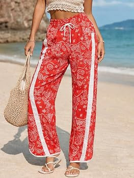 Fisoew Women's Baggy Wide Leg Pants Casual Elastic High Waisted Drawstring Printed Workout Sweatp... | Amazon (US)