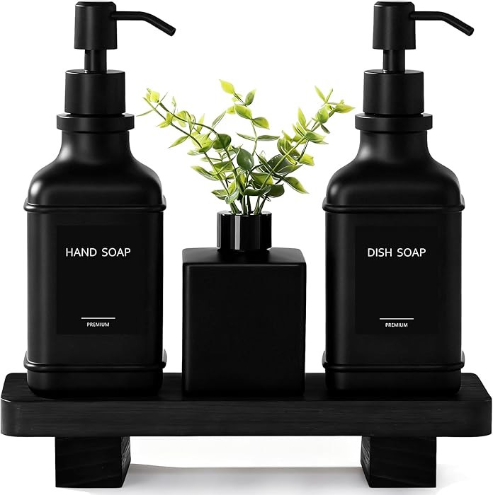 Modern Kitchen Soap Dispenser Set with Wood Tray, Black Glass Soap Dispenser with Pump, Decorativ... | Amazon (US)