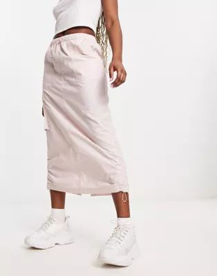 ASOS DESIGN side ruched cargo maxi skirt in pink | ASOS (Global)