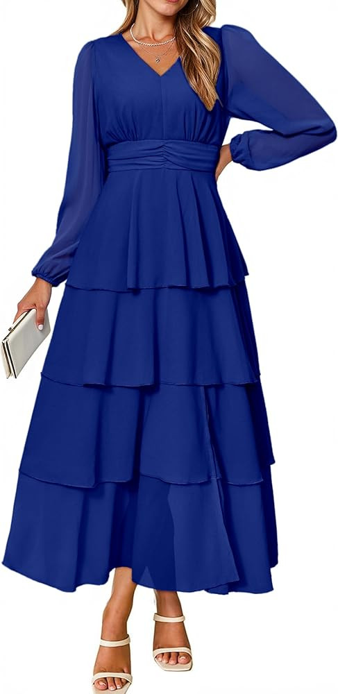 BerryGo Womens Flowy Maxi Dress Chiffon Long Sleeve Slit V Neck Casual Ruffle Tiered Boho Fall We... | Amazon (US)