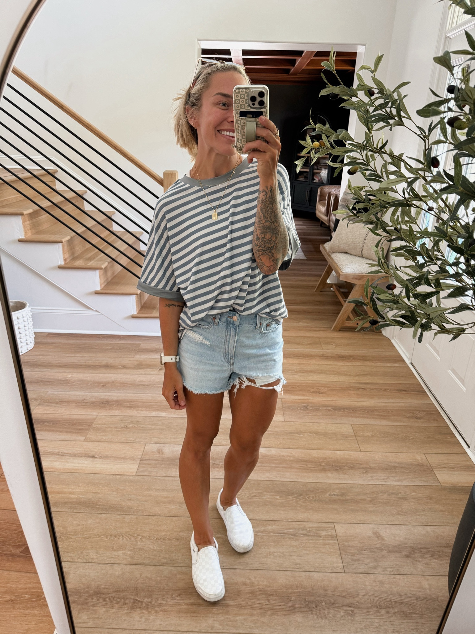 OOTD🤎✨ Amazon tee - oversized in the M! So cute & comfy!! Shorts are from last year - AE but found them again this year! Shoes - tts! ☀️

Casual cute / outfit inspo / summer :m/ Holley Gabrielle / Amazon fashion / Jean shorts / denim / American Eagle 

#LTKFindsUnder100 #LTKStyleTip #LTKFindsUnder50