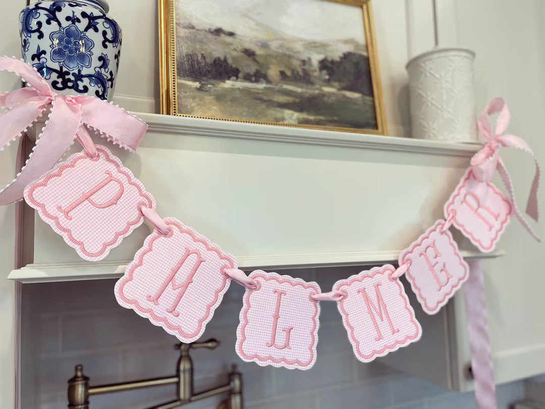 Baby Pink Gingham Embroidered Name Banner. - Etsy | Etsy (US)
