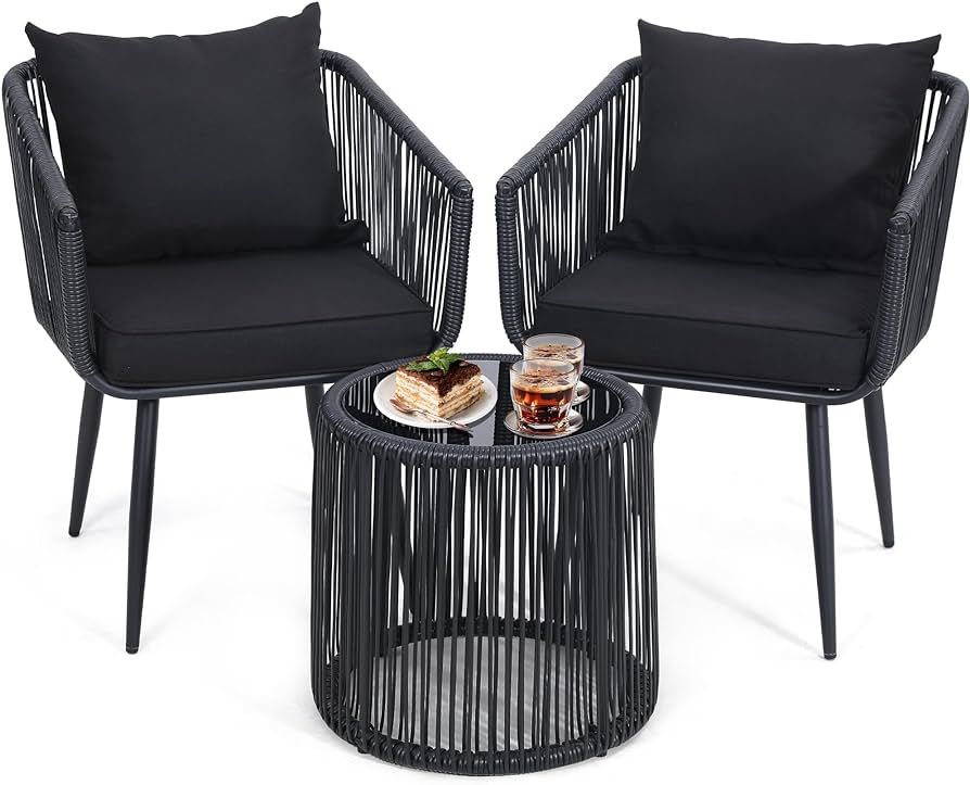 3 Pieces Patio Rattan Bistro Conversation Set, Outdoor All-Weather Wicker Furniture Chairs and Si... | Amazon (US)