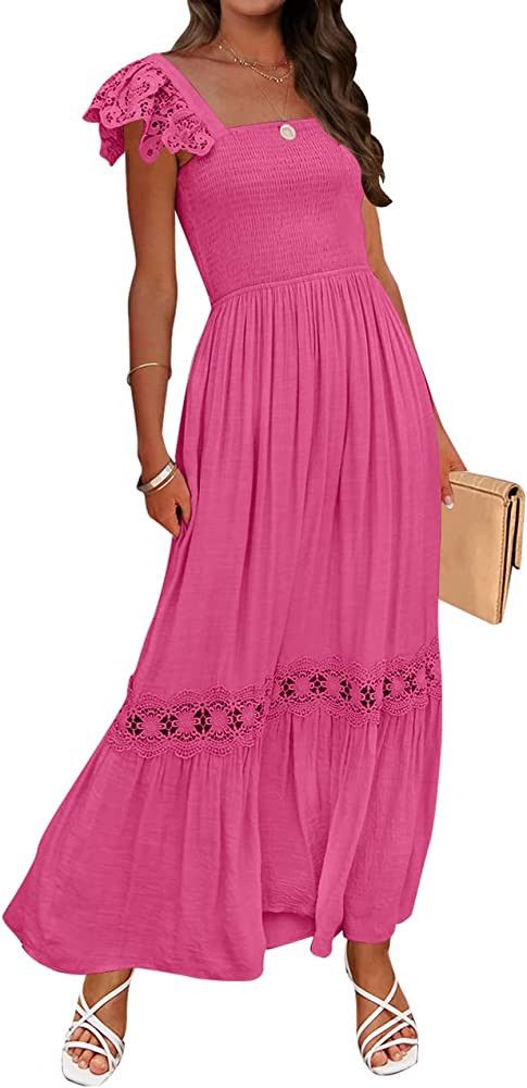 ZESICA Women's 2023 Summer Lace Strap Sleeveless Square Neck Smocked High Waist Ruffle Hollow Out... | Amazon (US)