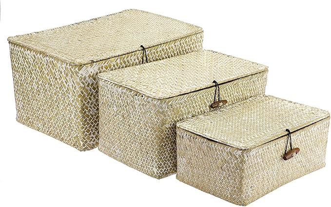 Hipiwe Set of 3 Wicker Storage Baskets with Lid - Large Handwoven Seagrass Shelf Basket Bins Rect... | Amazon (US)
