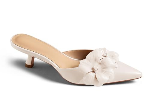 Coutgo Womens Kitten Heels Mules Low Heel Closed Pointed Toe Dressy Shoes Flower Slip On Party Pump Shoes, Beige, Size 6.5 | Amazon (US)
