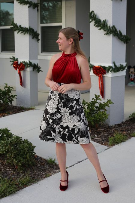 Red halter top and black and white floral jacquard skirt  

#LTKHoliday