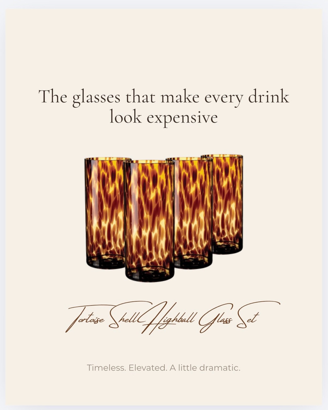 Pretty glassware is one of my favorite low-effort ways to make everyday drinks feel a little more special ✨

These tortoise shell highball glasses are warm, timeless, and so easy to style for hosting, cocktails, mocktails, iced coffee, or even sparkling water on a random Tuesday.

Fun glassware is officially a personality trait over here.

Which drink would you pour first? #amazonhomefinds #glassware #barcartstyling #tablescape #homefinds

#LTKHome #LTKdayinmylife #LTKSaleAlert