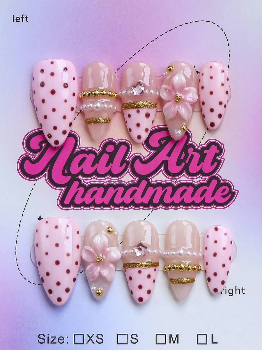 10pcs Handmade Almond-Shaped Y2K Sweet Style Press-On Nails, Pink Brown Polka Dot Print, 3D Flowe... | SHEIN