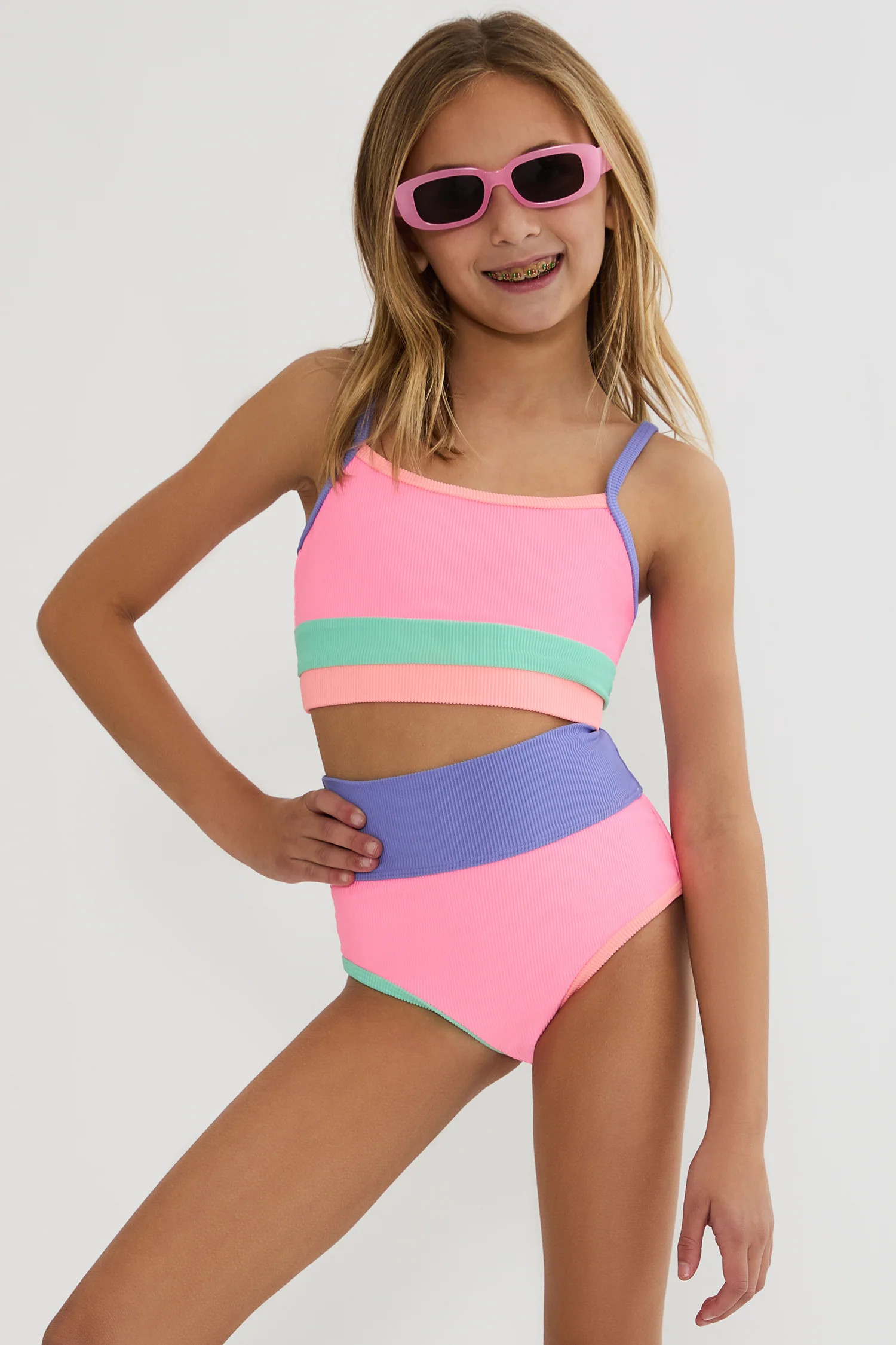 Little Eva & Emmie Set Sherbert Shores Colorblock | Girls Colorblock Rib Swim Set | Beach Riot | Beach Riot