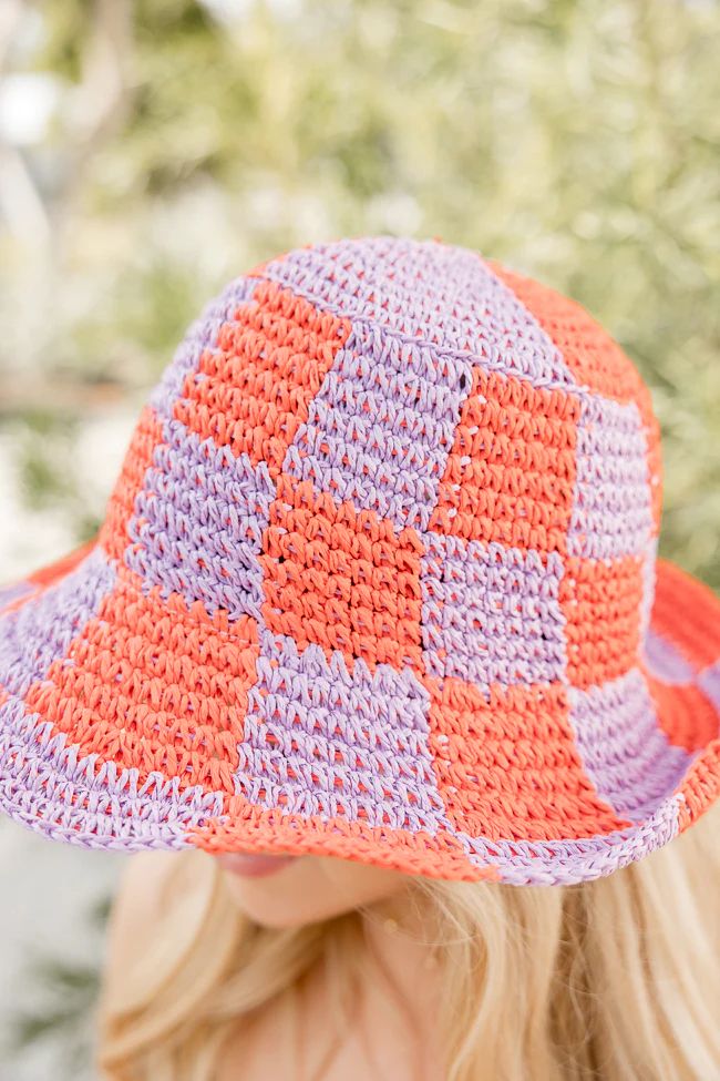 Orange And Pink Checkered Crochet Bucket Hat | Pink Lily