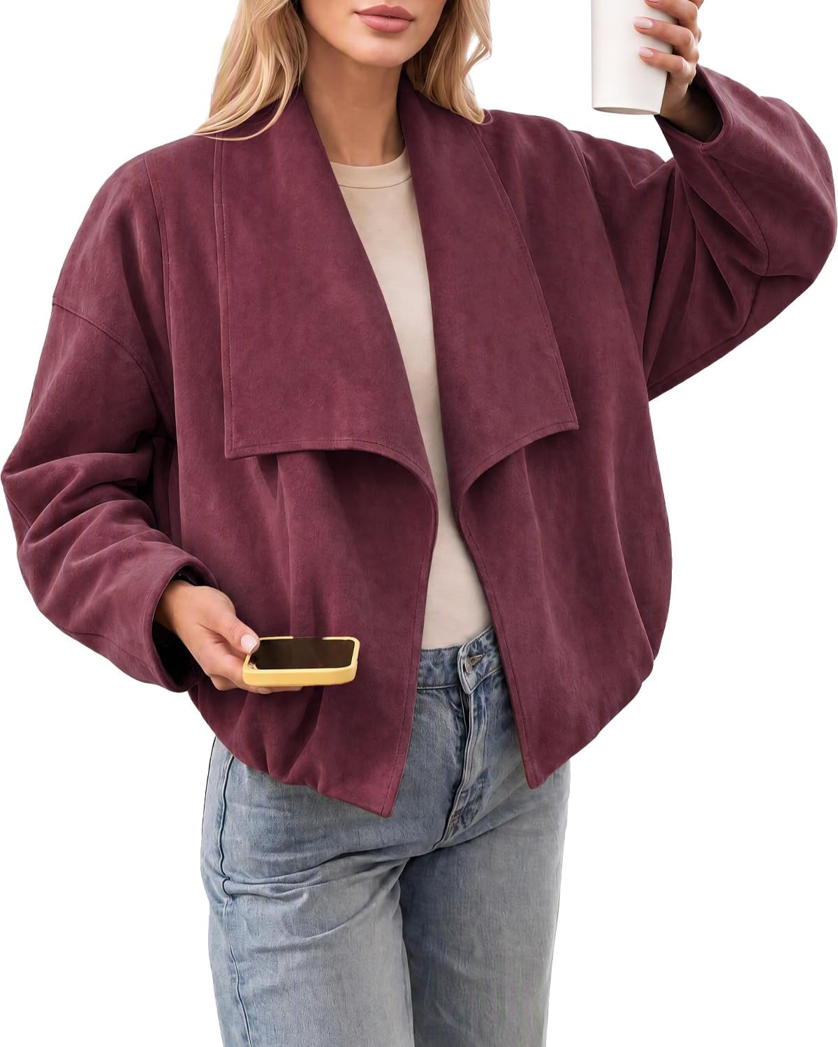 Tankaneo Womens Open Front Faux Suede Jackets Oversized Cropped Lapel Coats | Amazon (US)