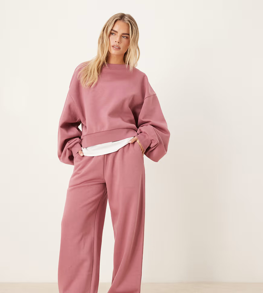 ASOS DESIGN Petite wide leg brushback jogger in rose pink | ASOS (Global)