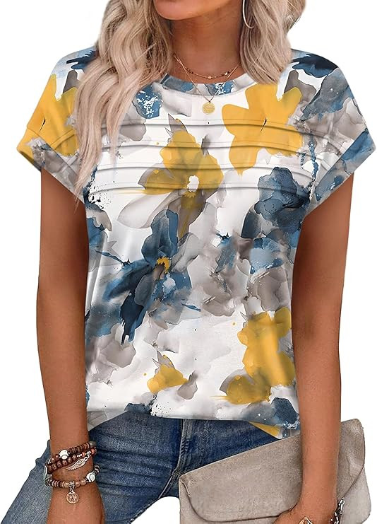 WEESO Womens Summer Tops Trendy 2026 Cap Sleeve T Shirts Crew Neck Pleated Front Beach Vacation C... | Amazon (US)