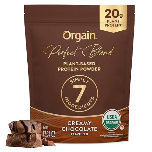 Orgain Organic Vegan Perfect Blend Protein Powder, 20g Clean Plant Protein, 7 Ingredients, <1g Sugar, Gluten Free, Non-GMO; No Artificial Flavors, Stevia Extract, Dairy or Soy Ingredients- Chocolate | Amazon (US)