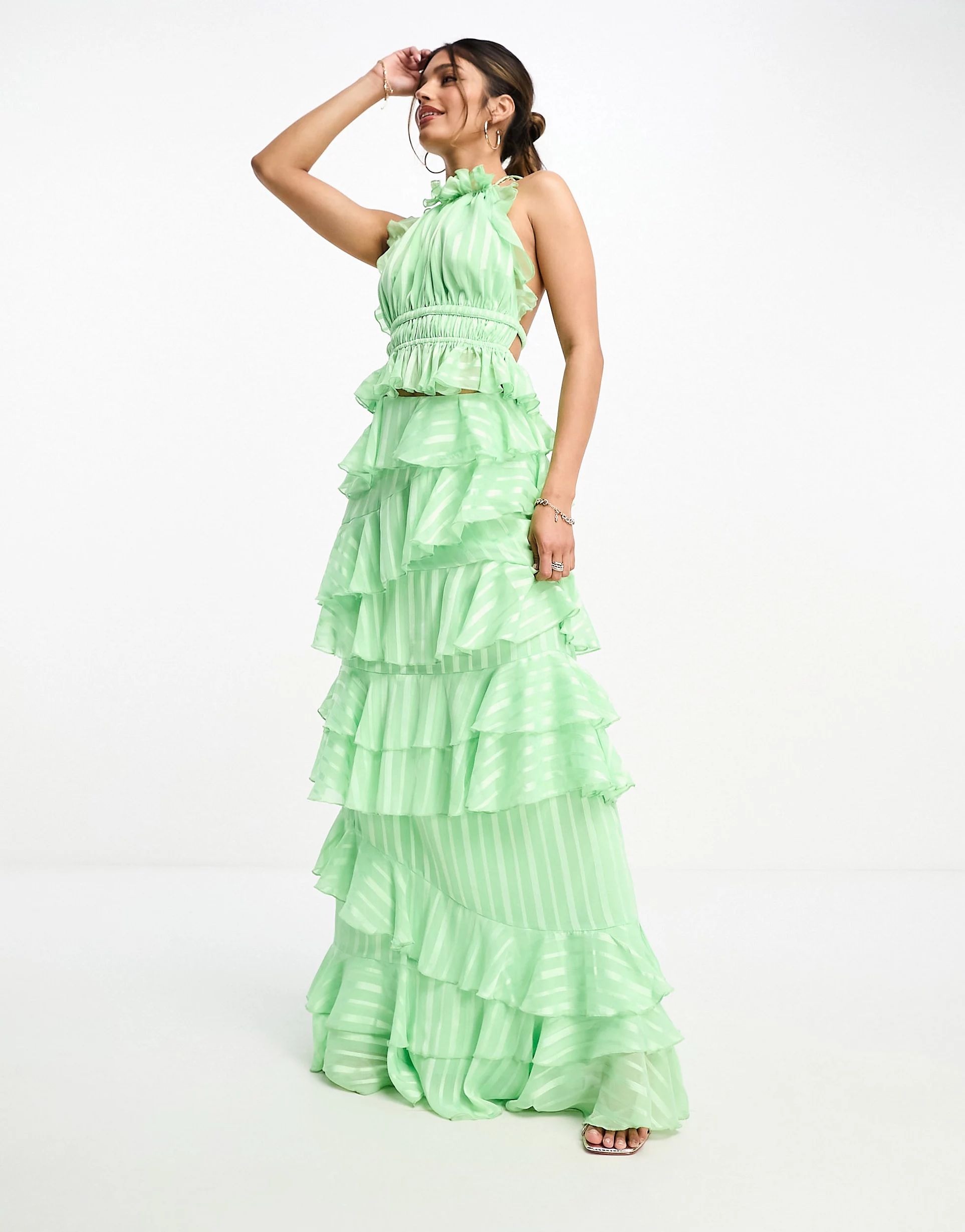 ASOS DESIGN occasion ruffle halterneck top & maxi skirt set in green satin st | ASOS (Global)