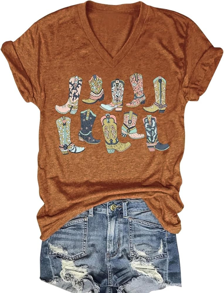Western Country Shirt for Women Cowgirl T Shirts V Neck Short Sleeve Tops | Amazon (US)