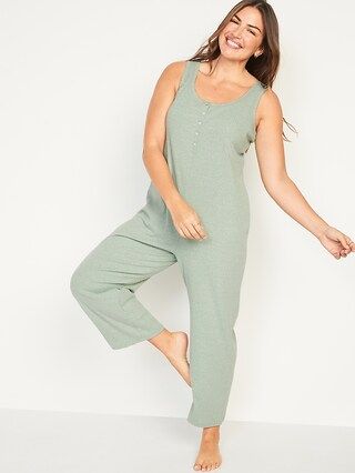 Sleeveless Cropped Rib-Knit Henley Lounge Jumpsuit for Women | Old Navy (US)