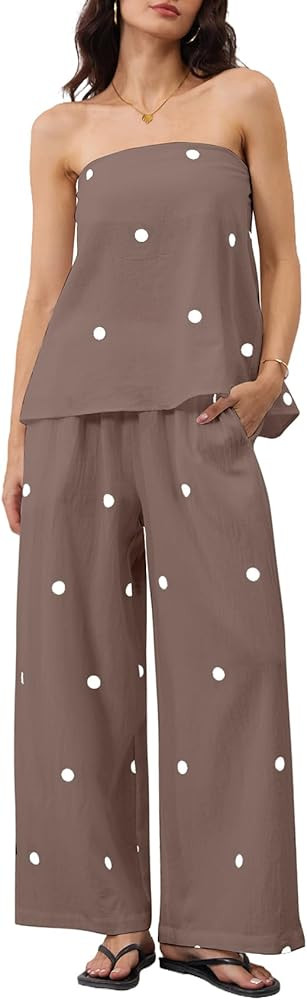 Women 2 Piece Polka Dot Tube Top Set Strapless Bandeau Blouse Wide Leg Spot Print Pants Outfits S... | Amazon (US)