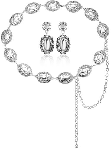 Glenmal Western Concho Belt Cowgirl Earrings Set for Women Cowgirl Waist Chain Belts Boho Earrings for Country Concert Outfit(Silver,Cute Style) | Amazon (US)