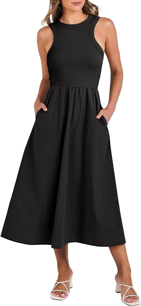 ANRABESS Women Summer Casual Sleeveless Midi Sundress Knit High Neck Tank Top Aline Flowy Dress 2... | Amazon (US)