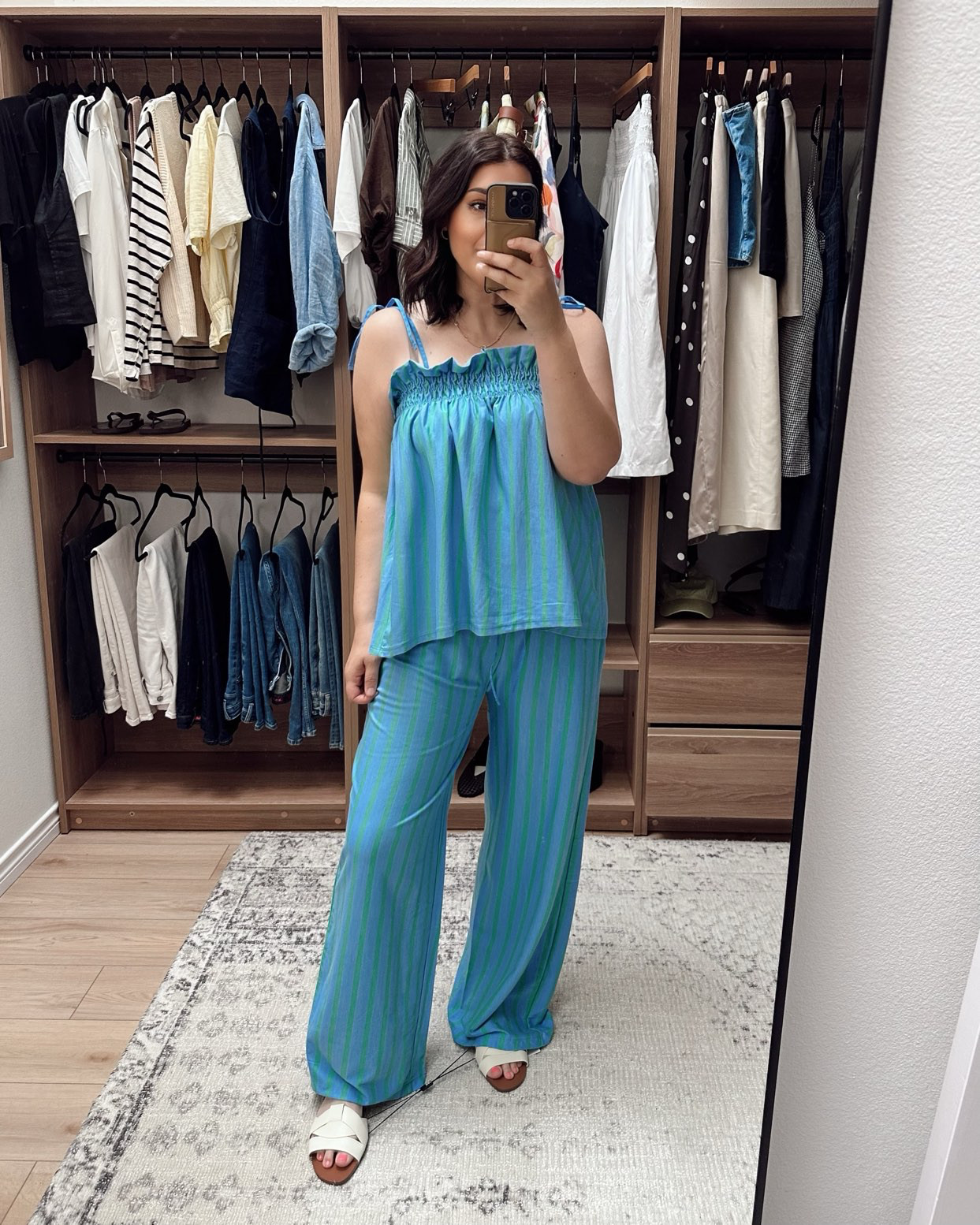 I wanted this set to work so bad! But I fear it looks like pajamas. Maybe with heels it would be better? I don’t know it just might be one of those ‘better on the Zara model’ things. I can live with that. It’s too bad because the fabric is so soft, like a thicker cotton with stretch. I mean now that I think about it, it’s pajama fabric. BUT STILL. I wanted it to work but I think it’s going back. 

It runs a big generous overall, I’m in the large of the top and the pants, they fit loose  

 