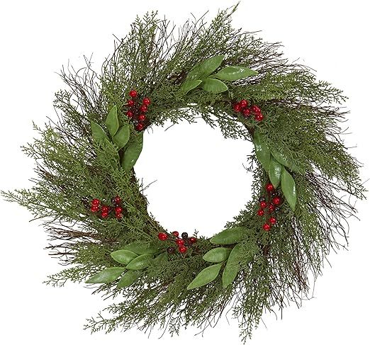 Nearly Natural 20in. Cedar and Ruscus with Berries Artificial Wreaths, Green/Red | Amazon (US)