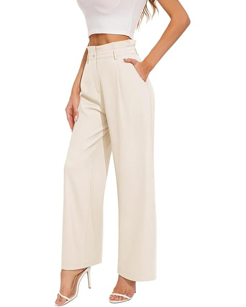 FUNYYZO Wide Leg Pants Women's High Elastic Waisted in The Back Business Work Trousers Long Strai... | Amazon (US)