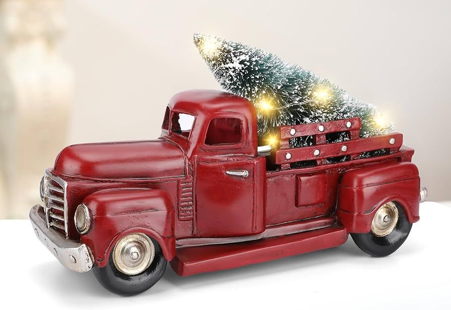 Magicalrays Vintage Red Truck Christmas Décor, 11.5" Large Size Red Truck with Lighted Christmas... | Amazon (US)