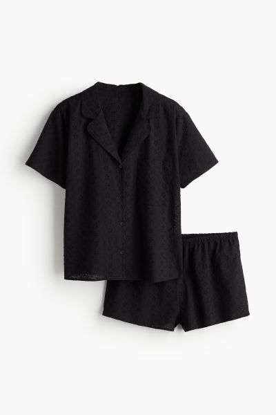 Pajamas with Eyelet Embroidery - Black - Ladies | H&M US | H&M (US + CA)