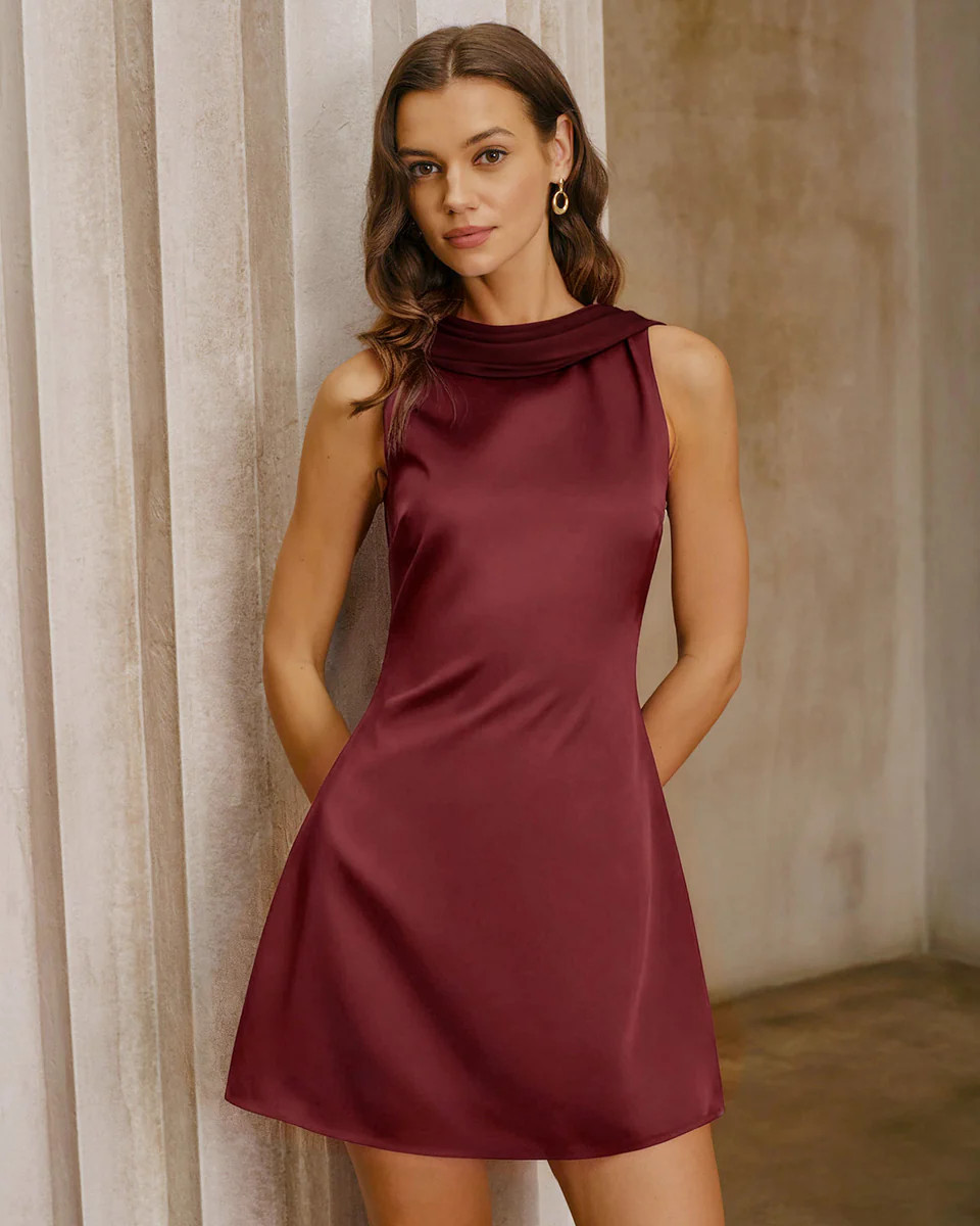 Wine Red Satin Cowl Neck Backless Mini Dress | rihoas.com