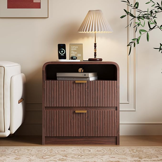 FURSUN 24" Fluted Nightstand with Charging Station, Wooden End Table with 2 Drawers Storage, Curv... | Amazon (US)