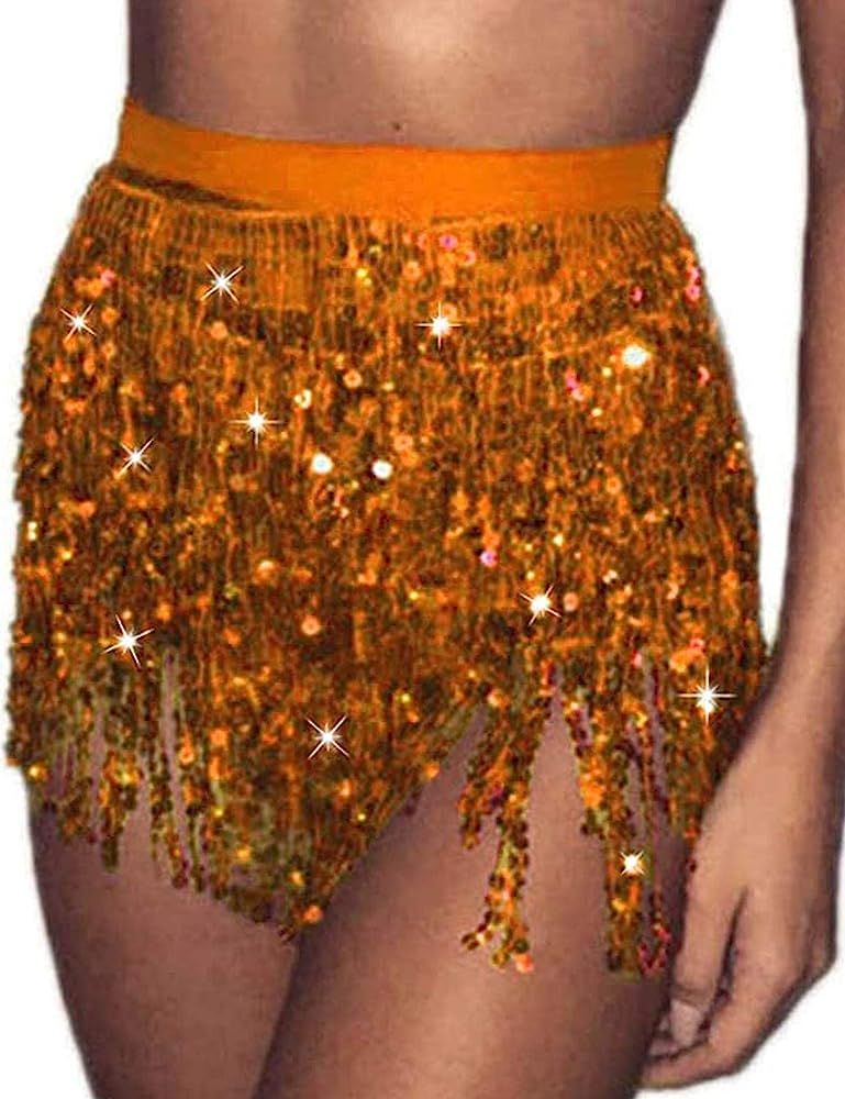 PrettyGuide Women's Sequin Skirt Glitter Belly Dance Hip Skirt Tassel Scarf Rave Skirt Wrap Party... | Amazon (US)