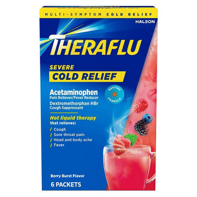 Theraflu Severe Cold Relief Powder Packets Berry Burst, Hot Liquid Multi-Symptom Cold & Flu Relief, 6 Count | Target