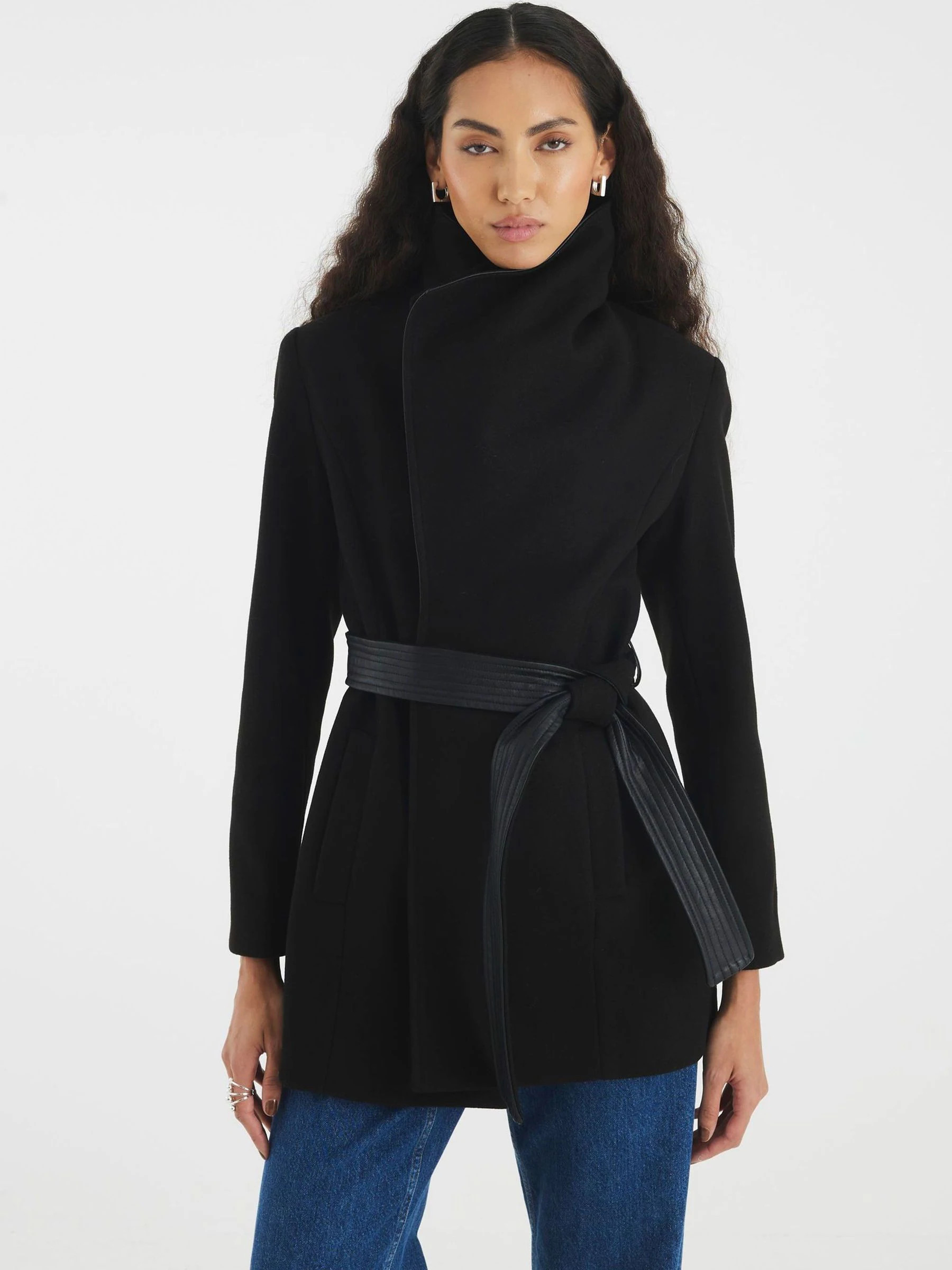 River Island River Island Black Mid Length Faux Leather Trim Wrap Coat | Next US