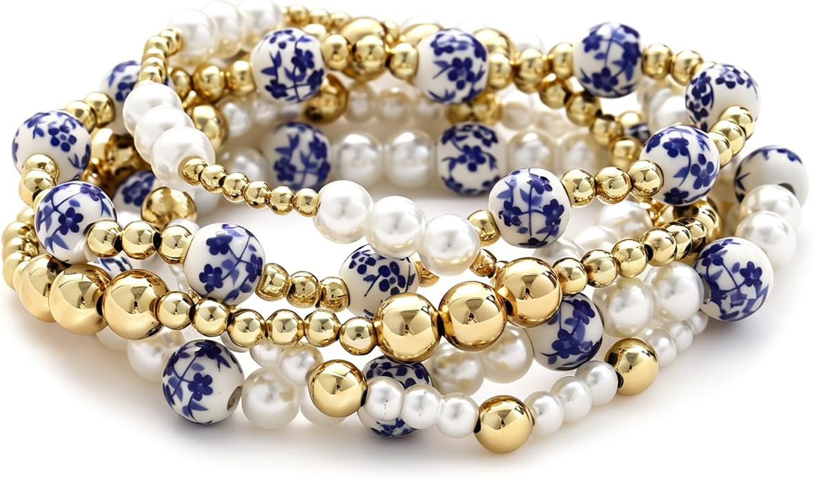 Gold Beaded Bracelets for Women, 14K Real Gold Plated Jewelry for Women Dainty Pearl Bead Bracele... | Amazon (US)