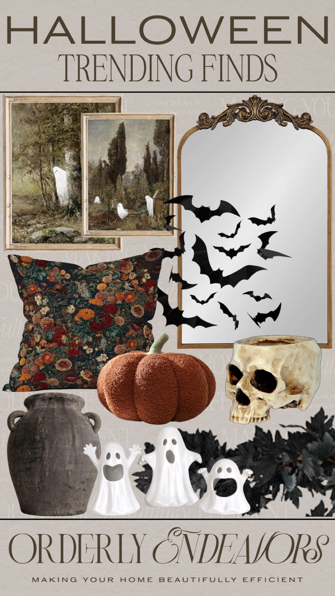 Halloween trending finds include gold mirror, bat decor, Halloween wall art, throw pillow, pumpkin pillow, skull bowl, black garland, ceramic ghosts, black vase.

Halloween decor, fall decor, Halloween, seasonal decor, elevated Halloween decor 

#LTKSeasonal #LTKStyleTip #LTKHome