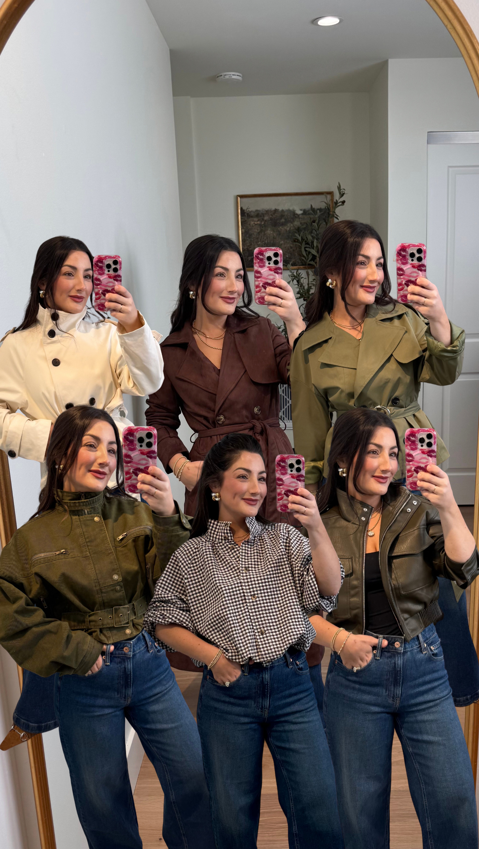 Trendy jackets for fall! 
Sizing info clockwise from top left: 

Beige size xs, Suede brown size small, Army green trench size small, A green leather jacket size xs, Plaid jacket size xs, Green jacket size xs, Jeans size 27petite 

5'0" 135lbs 

 #LTKootd #LTKSeasonal #LTKPetite
