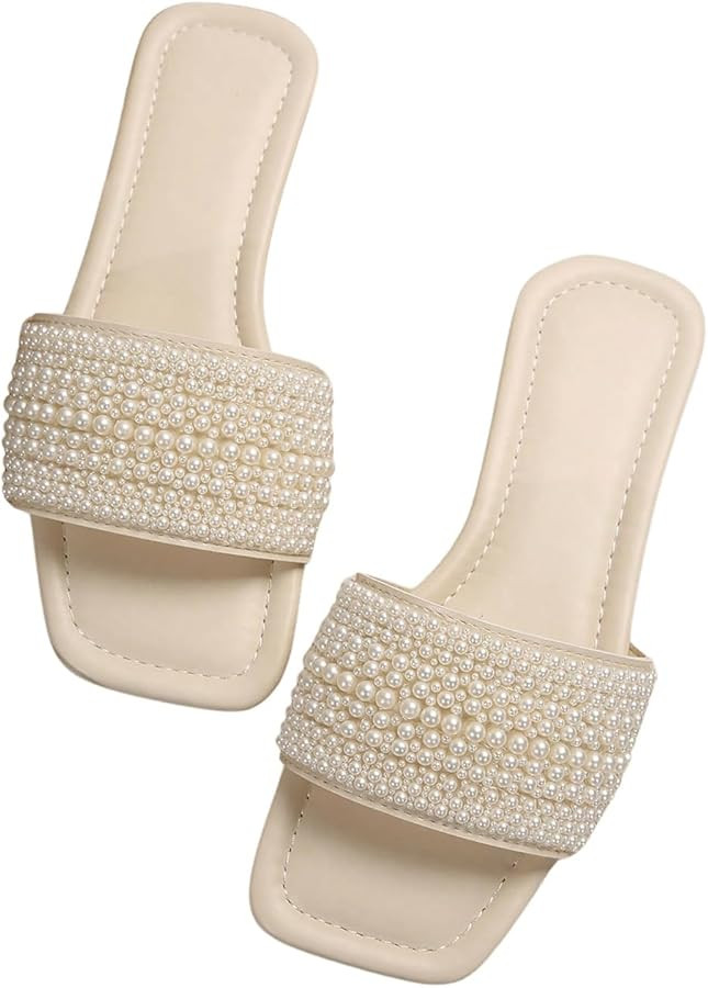 GORGLITTER Women's Pearls Sandals Rhinestone Sparkly Flat Sandals Wedding Dressy Scattered Sequin... | Amazon (US)