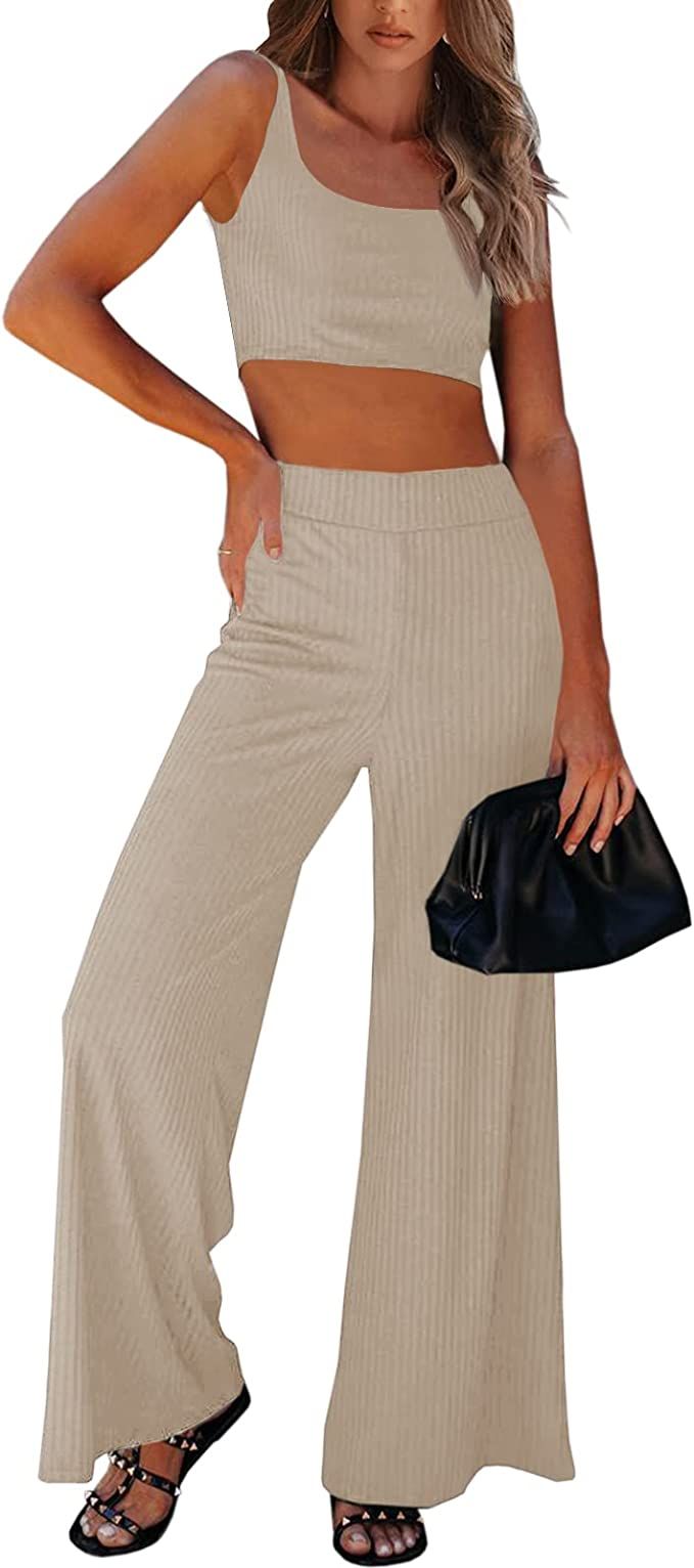 Onedreamer Womens 2 Piece Set Ribbed Knit Outfits Loungewear Crop Top Wide Leg High Waist Pants | Amazon (US)