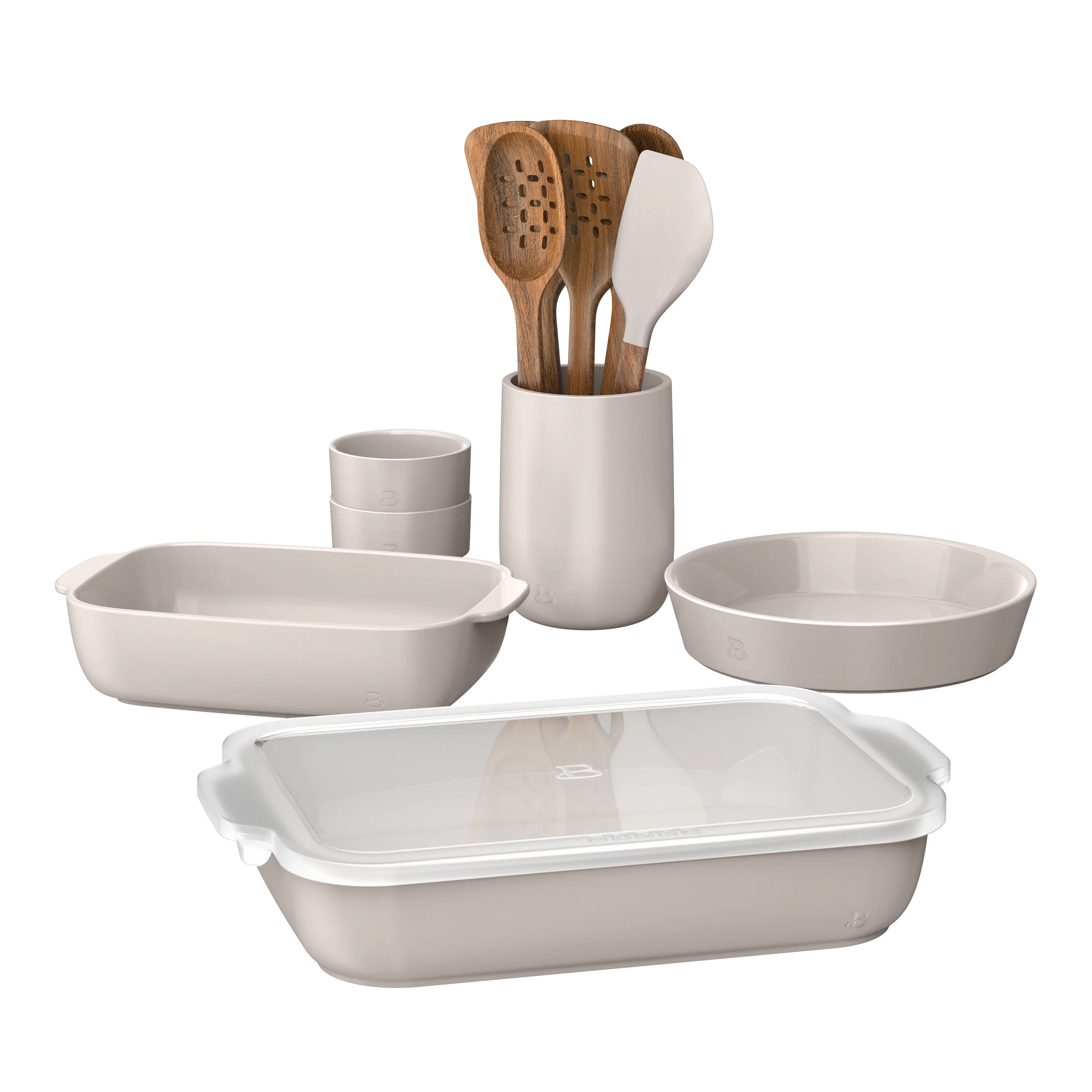 Beautiful 12-Piece Stoneware Bakeware & Kitchen Tools Set, Porcini Taupe by Drew Barrymore | Walmart (US)