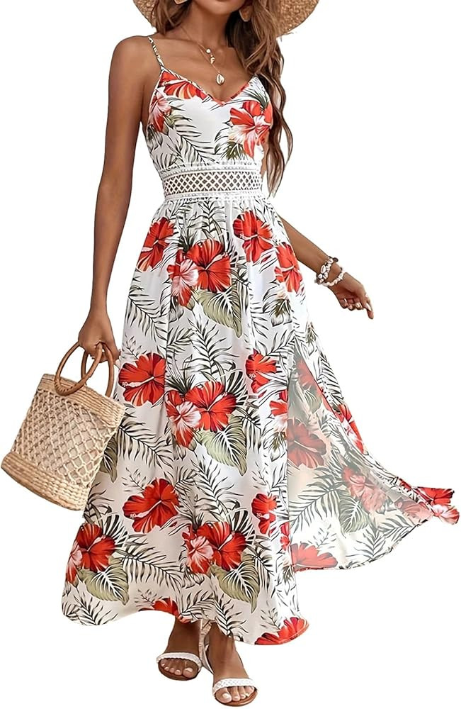 Women's Hawaiian Maxi Dresses Summer Floral Boho Sleeveless V-Neck Flowy Beach Vacation Dresses S... | Amazon (US)