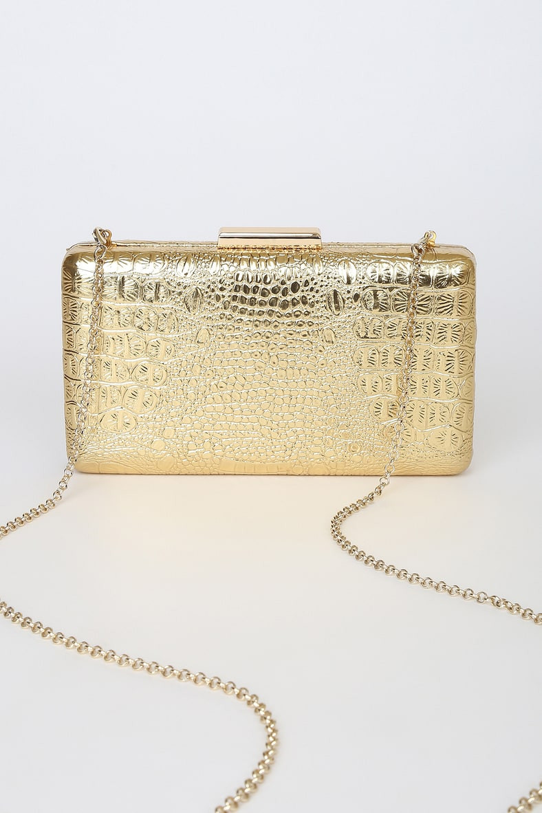 Sleek Celebration Metallic Gold Crocodile-Embossed Box Clutch | Lulus (US)