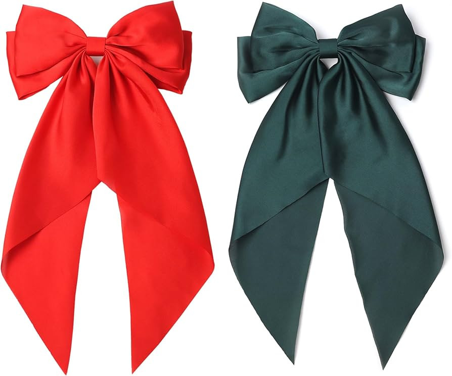 Furling Pompoms Hair Bows for Women,Large Satin Silky Hair Bow Clips Ribbon Long Tail French Barr... | Amazon (US)